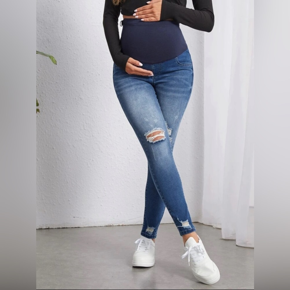 SHEIN Maternity Blue Ripped Skinny Jeans